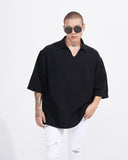 Men’s Oversized Linen Fabric Shirt with V-Neck in Black (6)