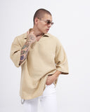 Men’s Oversized Linen Fabric Shirt with V-Neck in Beige (6)