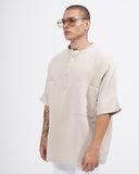Men’s Oversized Linen Half-Button Mandarin Collar Shirt in Beige (2)