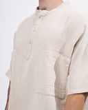 Men’s Oversized Linen Half-Button Mandarin Collar Shirt in Beige (3)