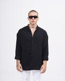Men’s Oversized Fit Linen Mandarin Collar Shirt in Black