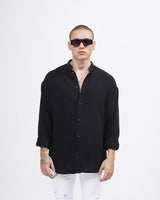 Oversized Heren Linnen Shirt met Mandarijnkraag in Zwart