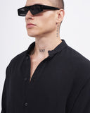 Men’s Oversized Fit Linen Mandarin Collar Shirt in Black (3)