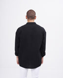 Men’s Oversized Fit Linen Mandarin Collar Shirt in Black (4)