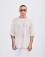 T-Shirt Ampio in Lino a Rete con Mezza Manica da Uomo in Beige