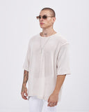 Men's Loose Linen Mesh Half Sleeve T-shirt in Beige (2)