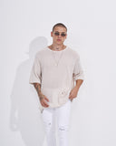 Men's Loose Linen Mesh Half Sleeve T-shirt in Beige (5)