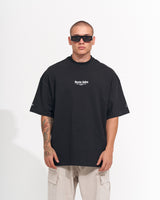 T-shirt Nera Oversize Stampata in 3D sul Petto e Sulle Maniche
