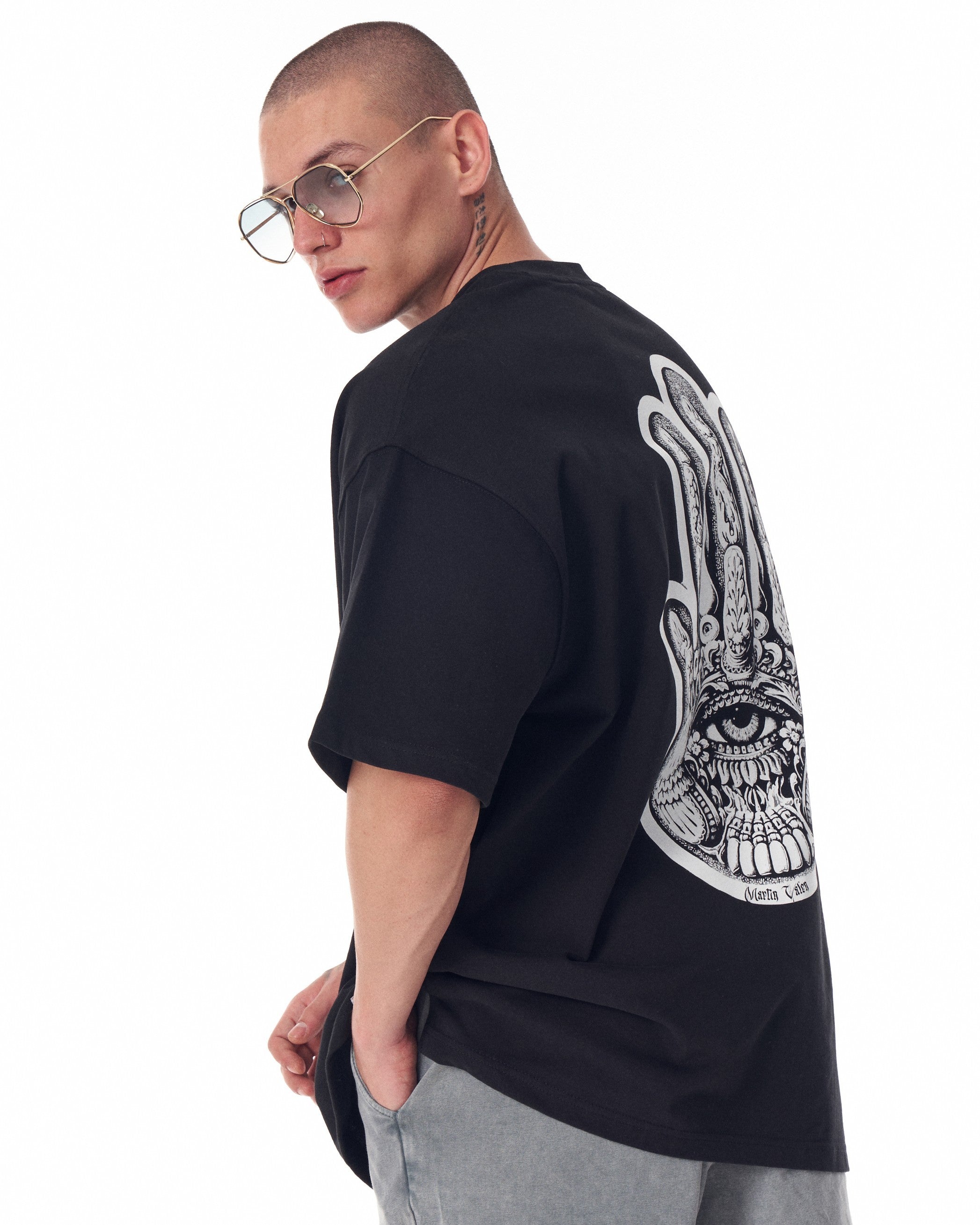 Men's Oversized Chest and Back 3D Printed Black Heavy T-Shirt