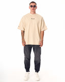 Men's Beige Oversized T-Shirt with 3D Print and Bold Sleeve, Back Details (11)