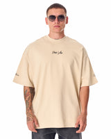Herren Oversize Brust Ärmel und Rücken 3D gedruckt Beige Heavy T-Shirt