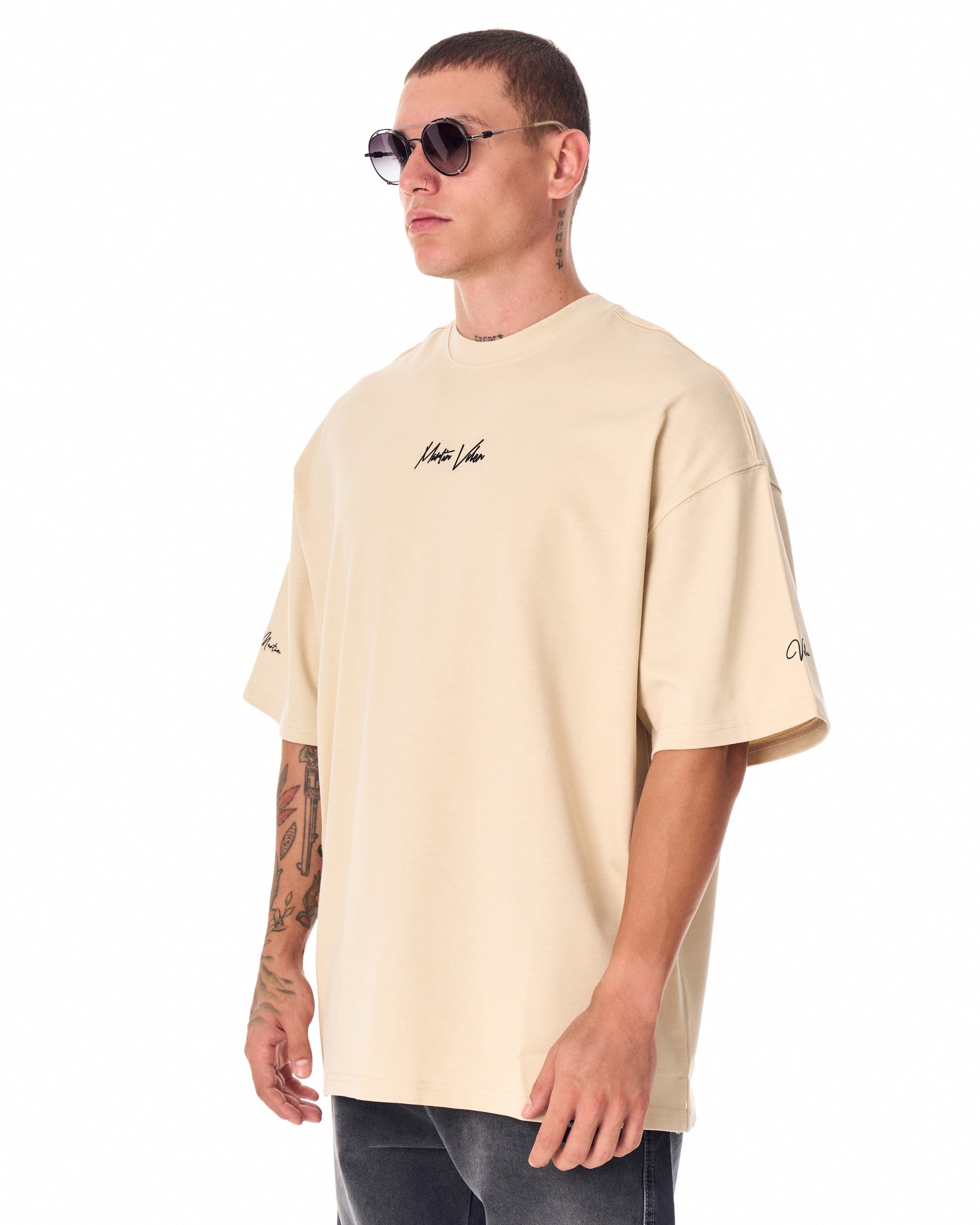 Men's Beige Oversized T-Shirt with 3D Print and Bold Sleeve, Back