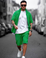 Heren Wafel Trainingspak Set met Shorts in Groen Teal