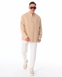 Mandarin Neck Oversized Linen Beige Shirt (5)
