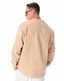 Mandarin Neck Oversized Linen Beige Shirt (7)