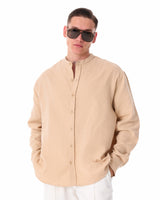 Beige Oversized Linnen Shirt met Mandarijnkraag