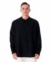Zwart Oversized Linnen Shirt met Mandarijnkraag