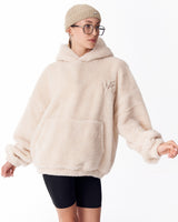 Felpa con Cappuccio Oversize in Peluche Beige per Donna