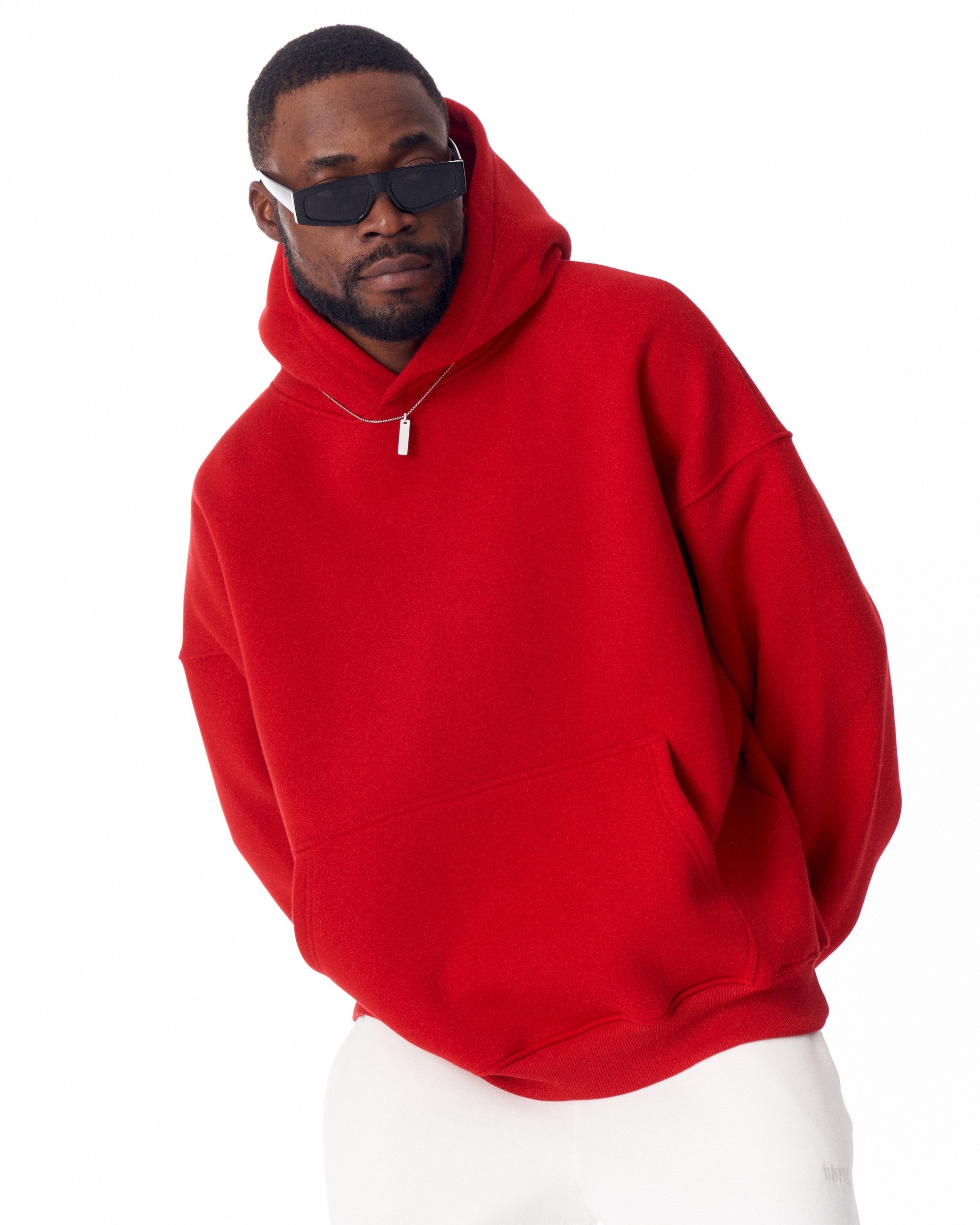 Minimalist Sleeve Printed Red Oversized Hoodie | MV