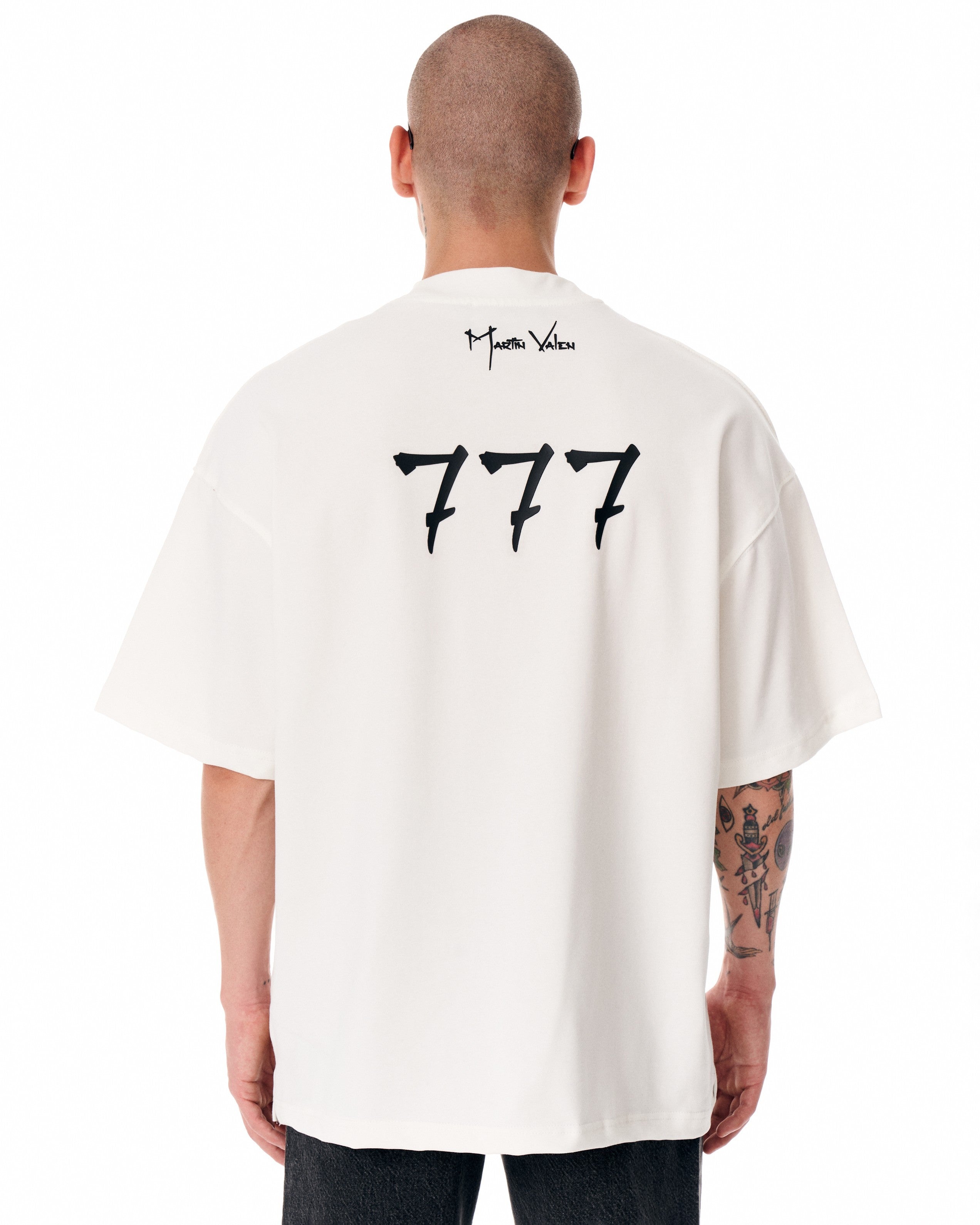777' 3D Baskılı Erkek Oversize Beyaz T-shirt | MV – Martin Valen