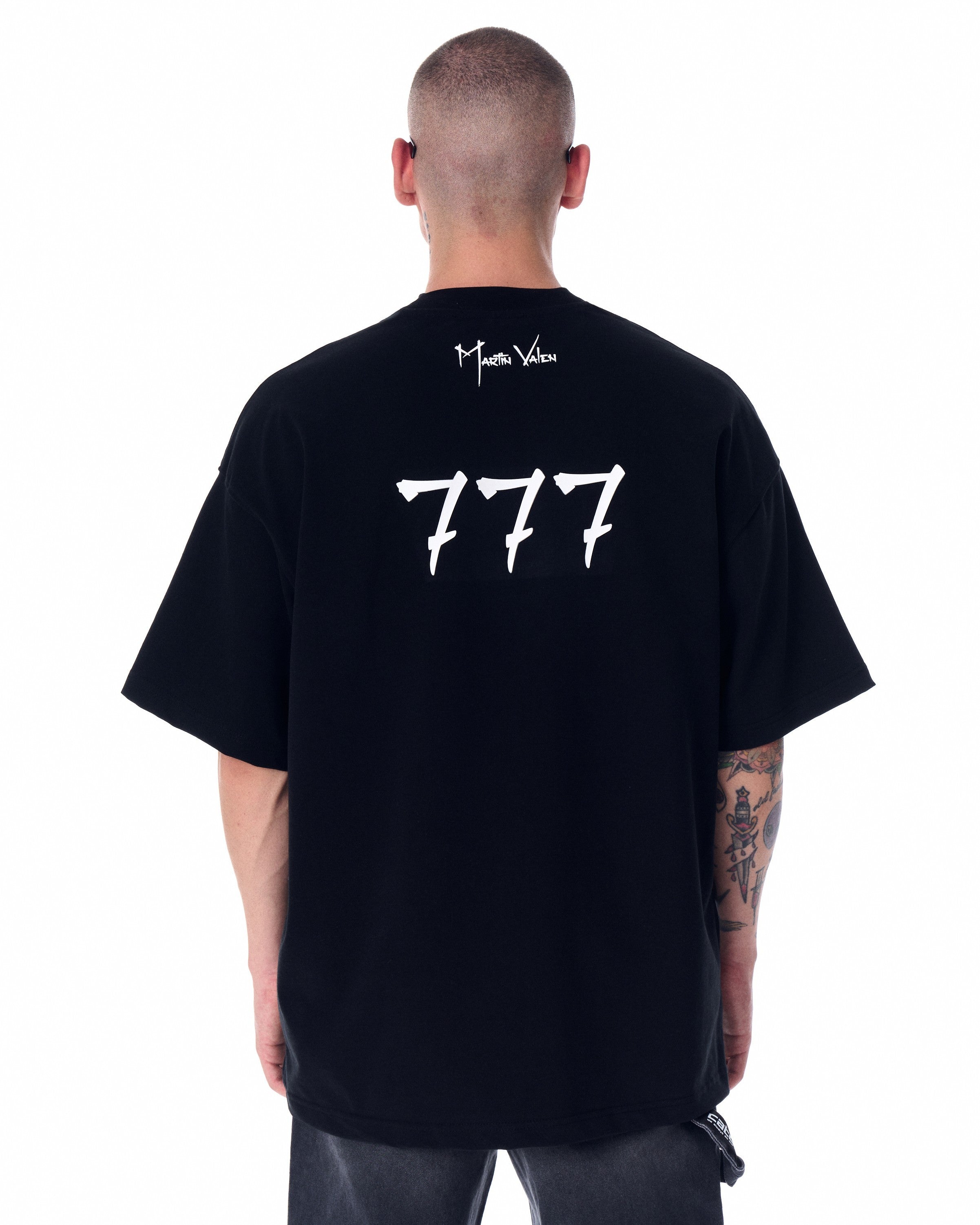 777' Men's Oversized Black Designer T-shirt with 3D Print Detail