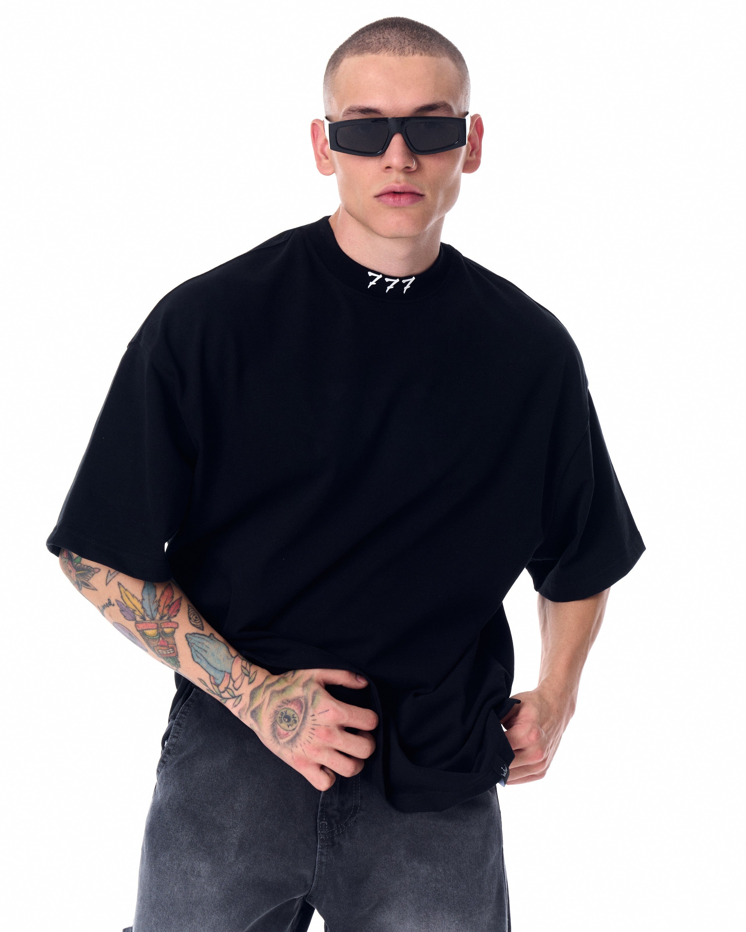 777' Men's Oversized Black Designer T-shirt with 3D Print Detail