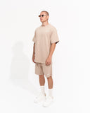 Men's Oversized Vintage 3D Print Detail Beige Tracksuit Set with Shorts (2)