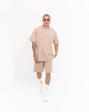 Men's Oversized Vintage 3D Print Detail Beige Tracksuit Set with Shorts (6)