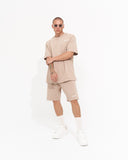 Men's Oversized Vintage 3D Print Detail Beige Tracksuit Set with Shorts (7)