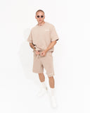 Men's Oversized Vintage 3D Print Detail Beige Tracksuit Set with Shorts (9)