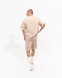 Men's Oversized Vintage 3D Print Detail Beige Tracksuit Set with Shorts (10)