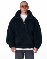 Sweatshirt Homme en Borg Noir avec Demi-Fermeture Éclair