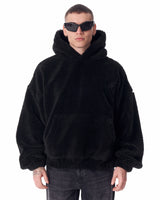 Sweat à Capuche Noir en Peluche avec Imprimé Brodé