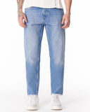 Men's Washed Blue Straight Leg Raw Hem Jeans (3)