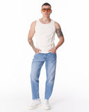Men's Washed Blue Straight Leg Raw Hem Jeans (9)
