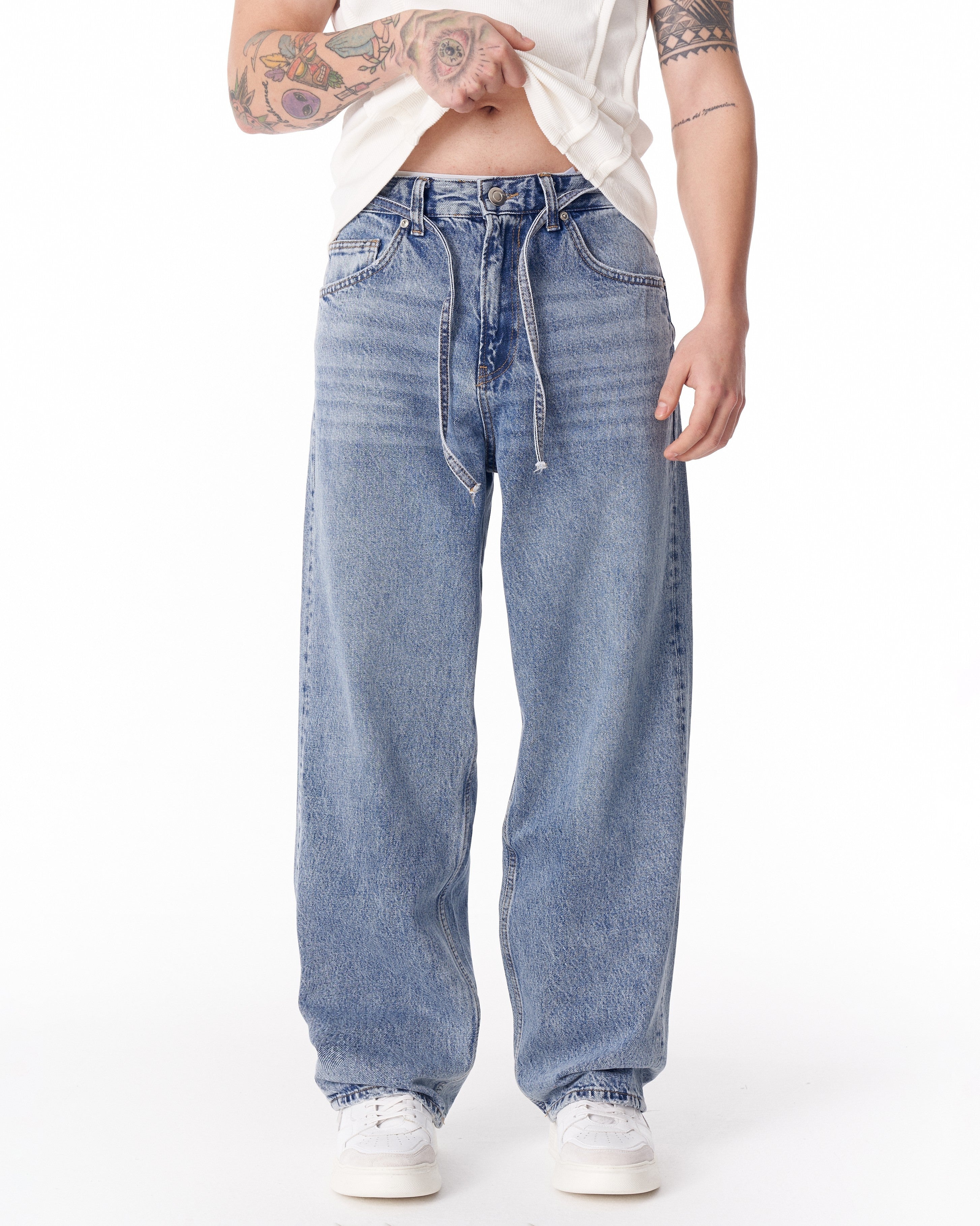 Men's Baggy Fit Light Blue Jeans with Denim Drawstring | MV