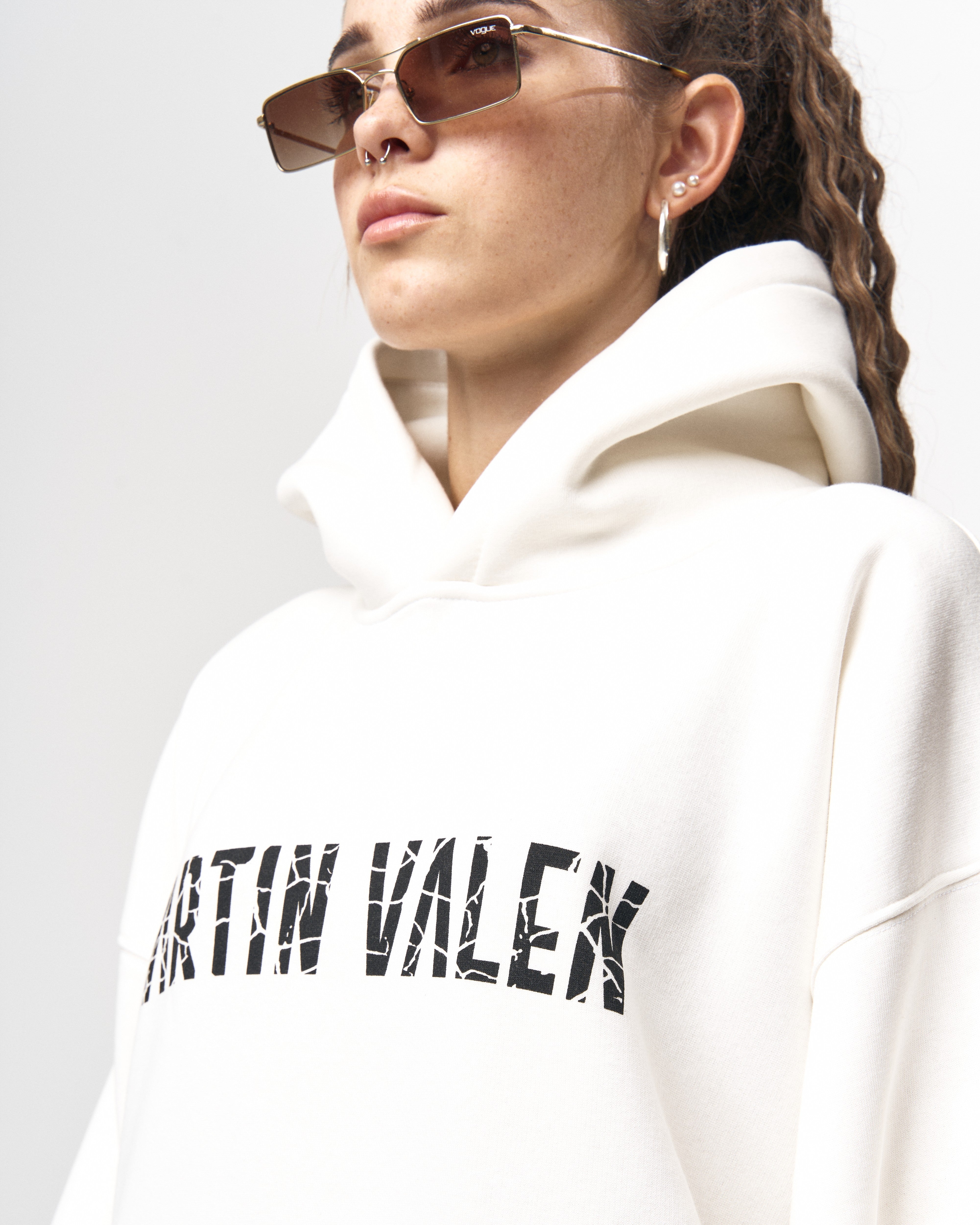 Grieto MV Crack Print White Oversized Designer Hoodie | MV