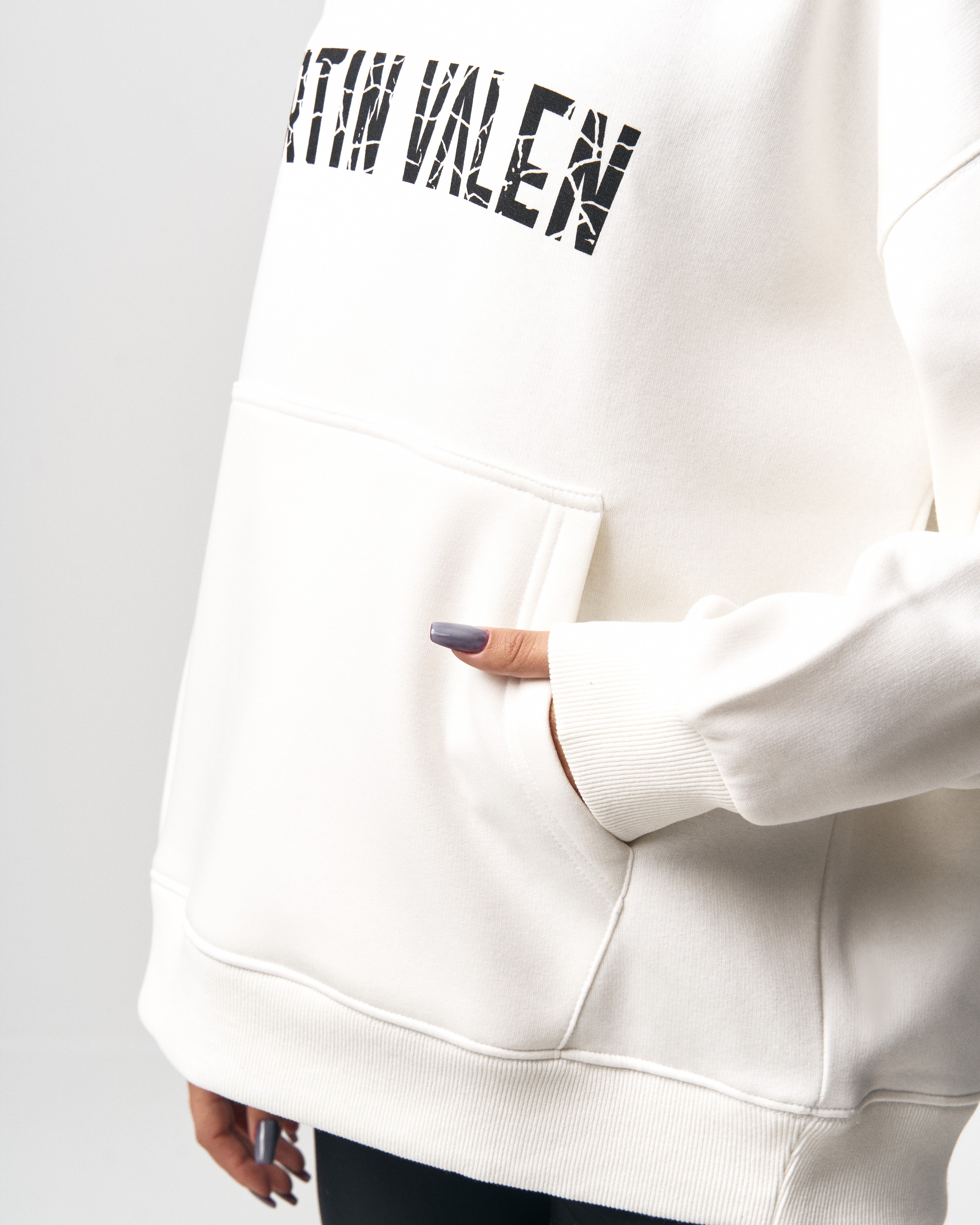Grieto MV Crack Print White Oversized Designer Hoodie | MV