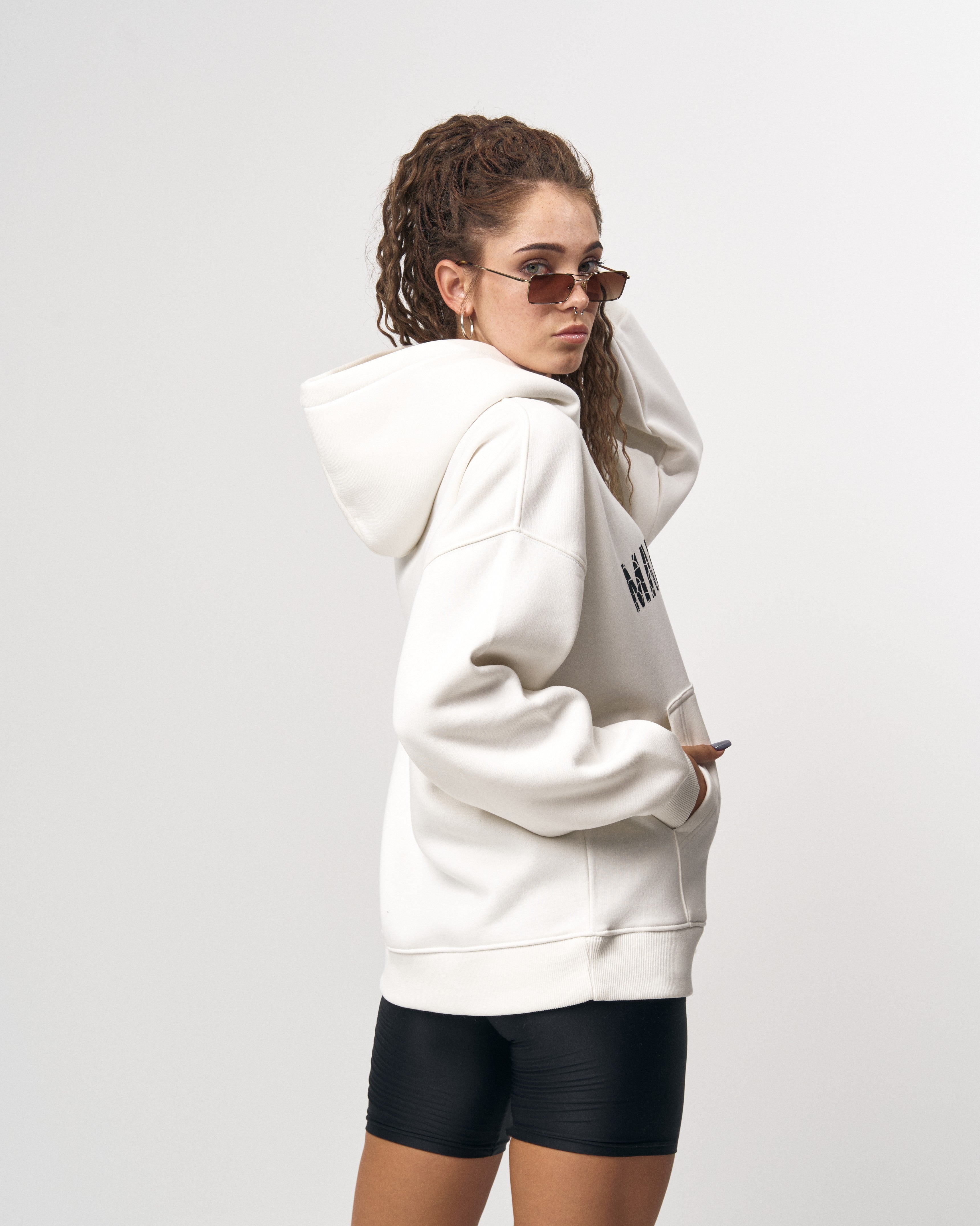 Grieto MV Crack Print White Oversized Designer Hoodie | MV