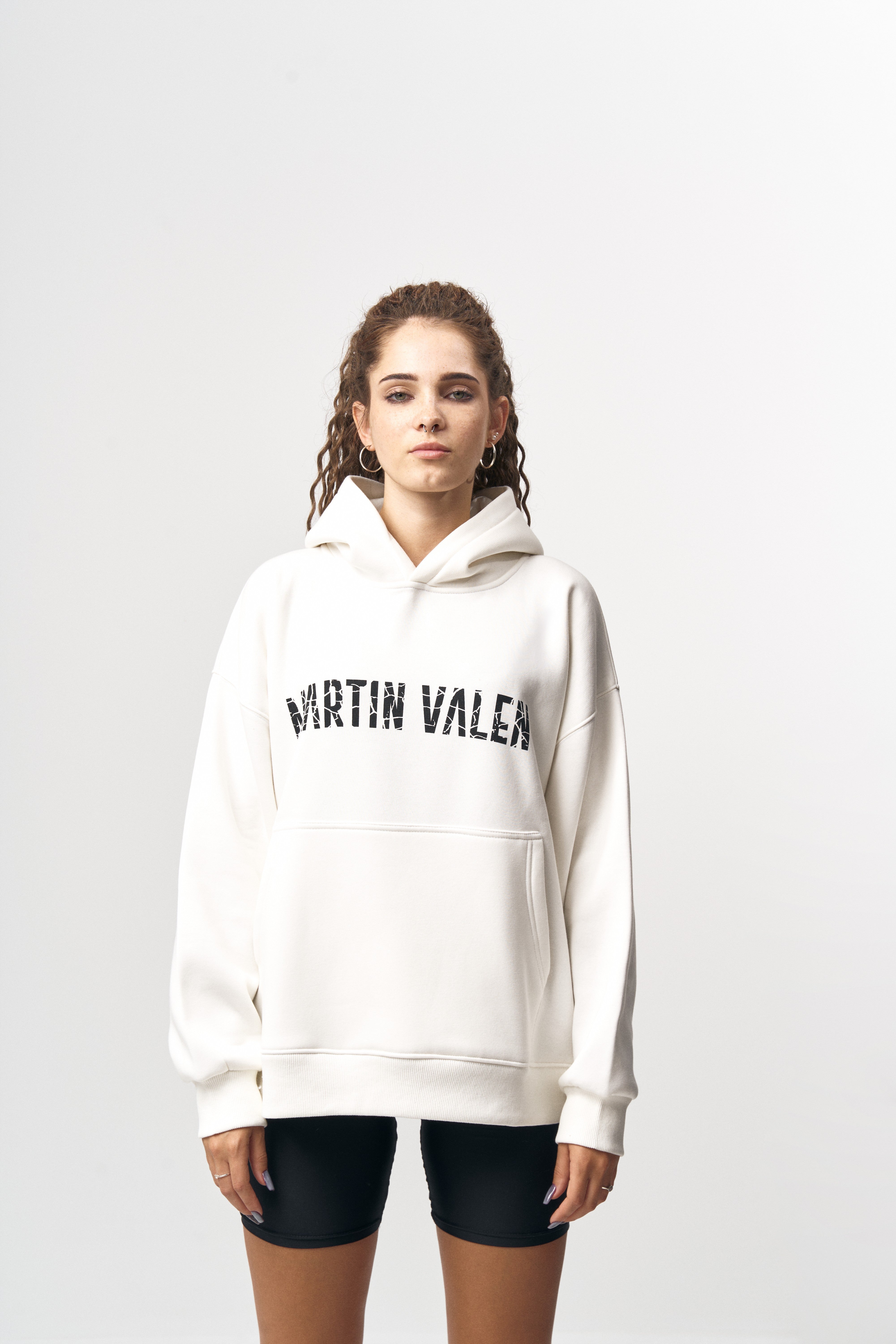 Grieto MV Crack Print White Oversized Designer Hoodie | MV