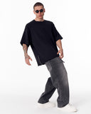 Sidezip Raw-Edge Crew Neck Oversized Black T-shirt (10)