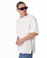Sidezip Raw-Edge Crew Neck Oversized White T-shirt