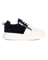 Ténis de Design em Pele Premium com Fecho de Correr Prateado em Preto e Branco