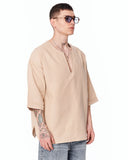 Men's Linen Fabric Oversized Beige T-shirt with short sleeves and relaxed streetwear fit