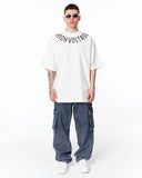 Men's Oversized Collar Screen Printed White Heavy T-Shirt worn with sunglasses and casual denim