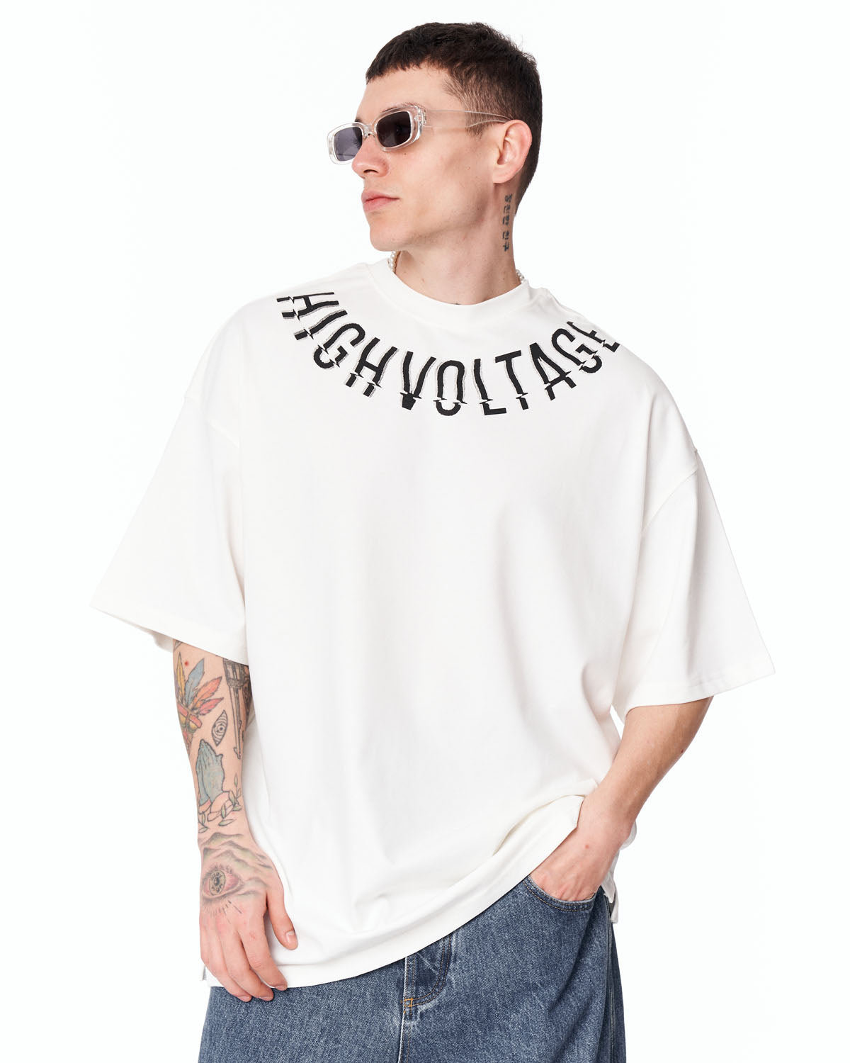 Men's Oversized Collar Screen Printed White Heavy T-Shirt | Martin