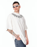 Men's Oversized Collar Screen Printed White Heavy T-Shirt with statement text print around the neckline