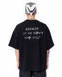 Because Text Print Oversized Black T-Shirt styled with washed black denim