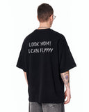 Look Mom Text Print Oversized Black T-Shirt with relaxed oversized fit