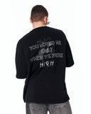 Loved Me Heart Graphic Oversized Black T-Shirt styled with denim and accessories